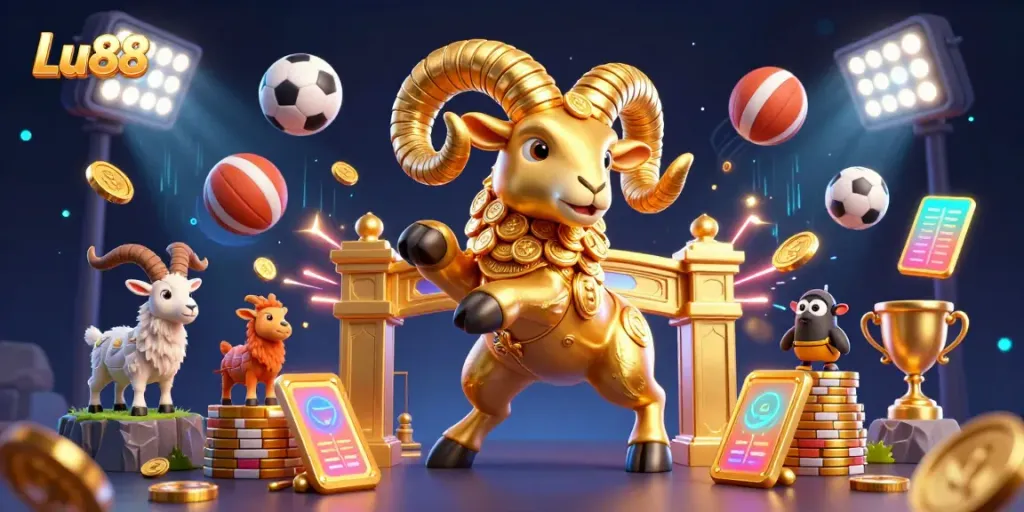 Experience thrilling gaming at Lu88, featuring unique golden ram and sports elements in a dynamic scene.