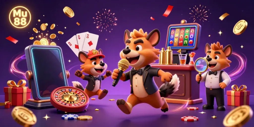 Experience the excitement at Mu 88 casino with hyenas hosting a comedy show and colorful gaming elements.