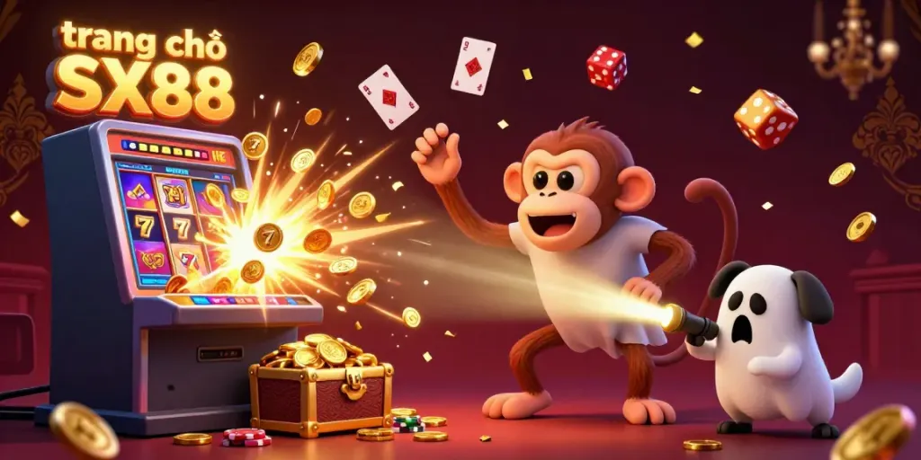 Explore the thrilling world of trang chủ SX88 with a lively casino scene featuring vibrant characters and exciting gold coin action.