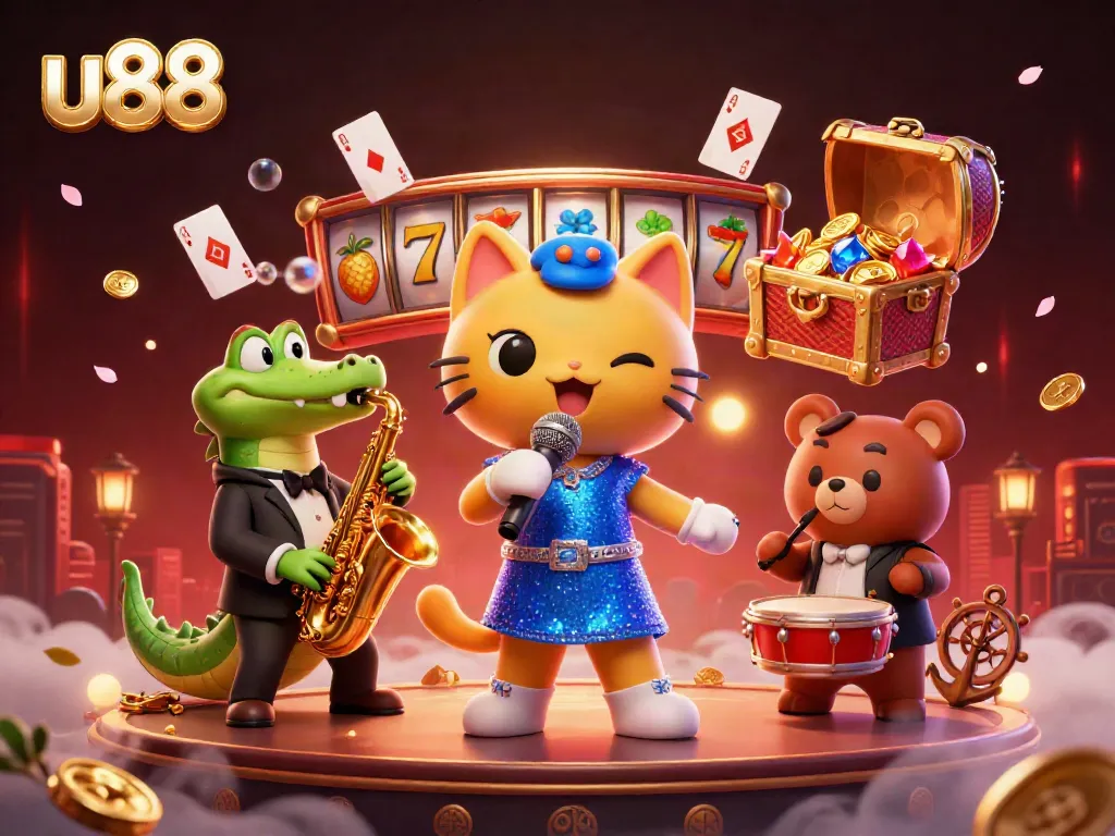 Enjoy an electrifying u88 casino experience with a vibrant 3D scene featuring a jazz-singer cat, crocodile, and bear cub immersed in gaming elements.