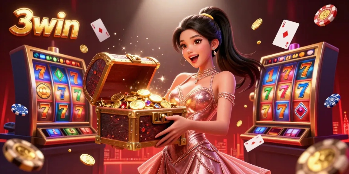 Experience the thrill of 3win with a treasure chest overflowing with gold coins and slots, captivating casino atmosphere.