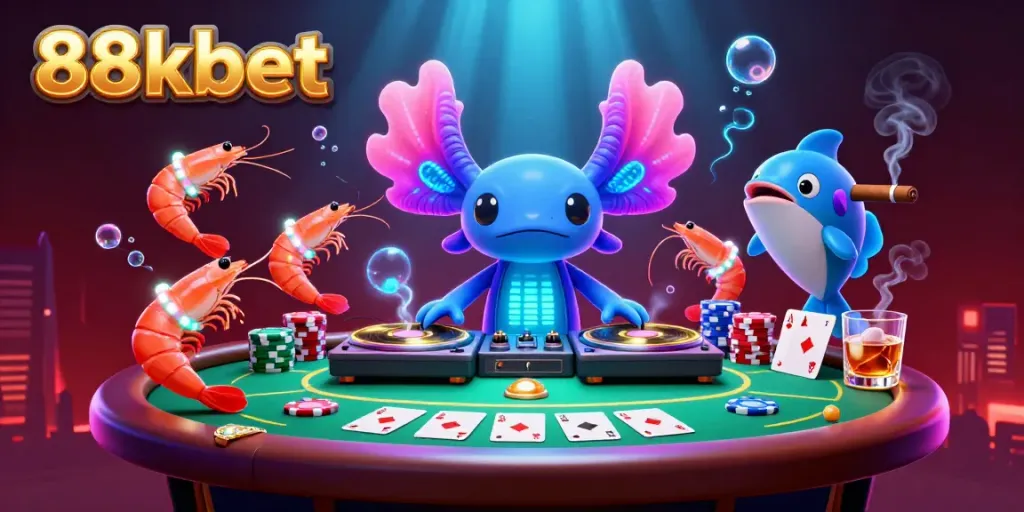 Join the excitement of 88kbet with vibrant gaming action featuring a DJ, poker elements, and lively underwater characters.