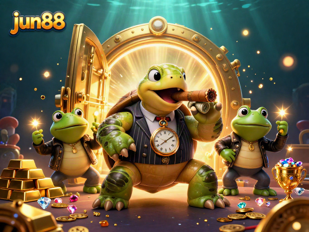 Engage with jun88’s thrilling casino scene featuring a snapping turtle in a mobster suit.