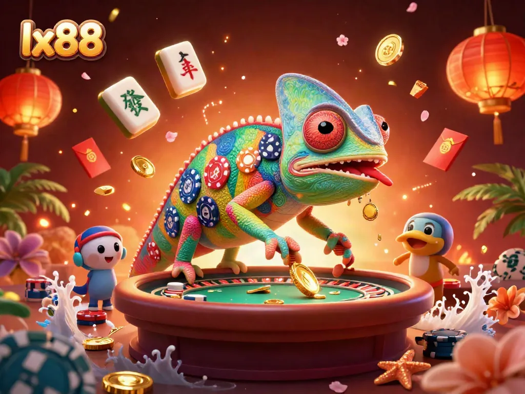 Engage with the lx88 casino adventure featuring a vibrant chameleon owner and dynamic game elements.