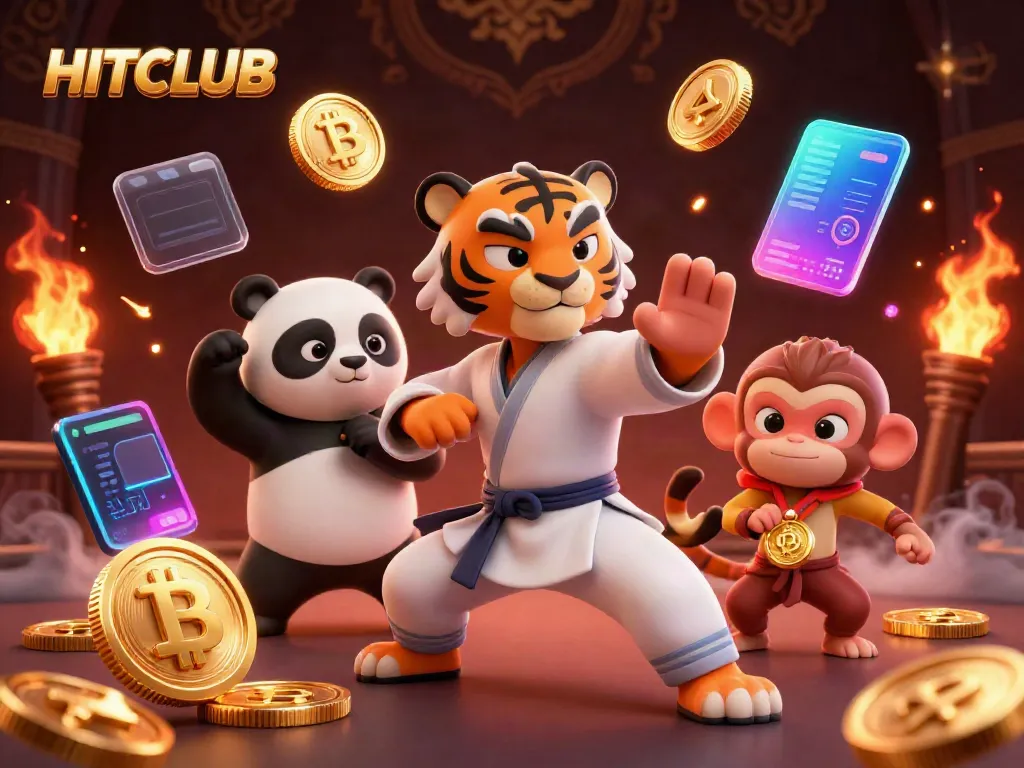 Experience the HITCLUB gaming adventure with a tiger master and panda disciple in a vibrant casino scene.
