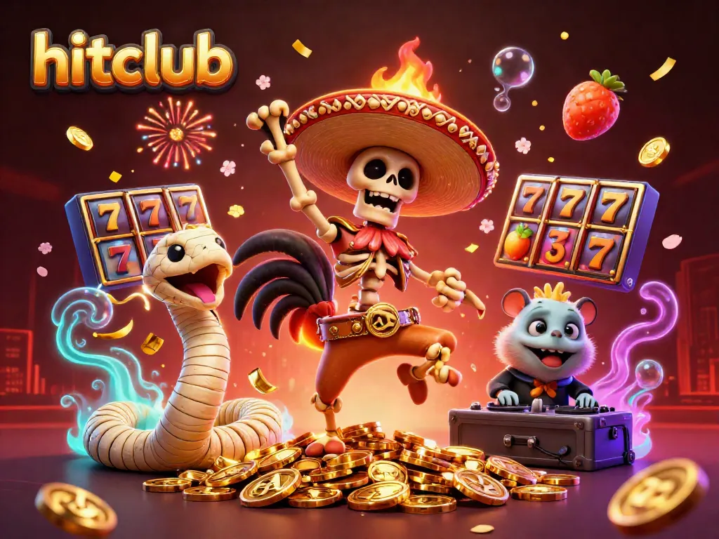 hitclub celebrates winning streaks with a vibrant casino scene featuring jackpot elements and festive characters