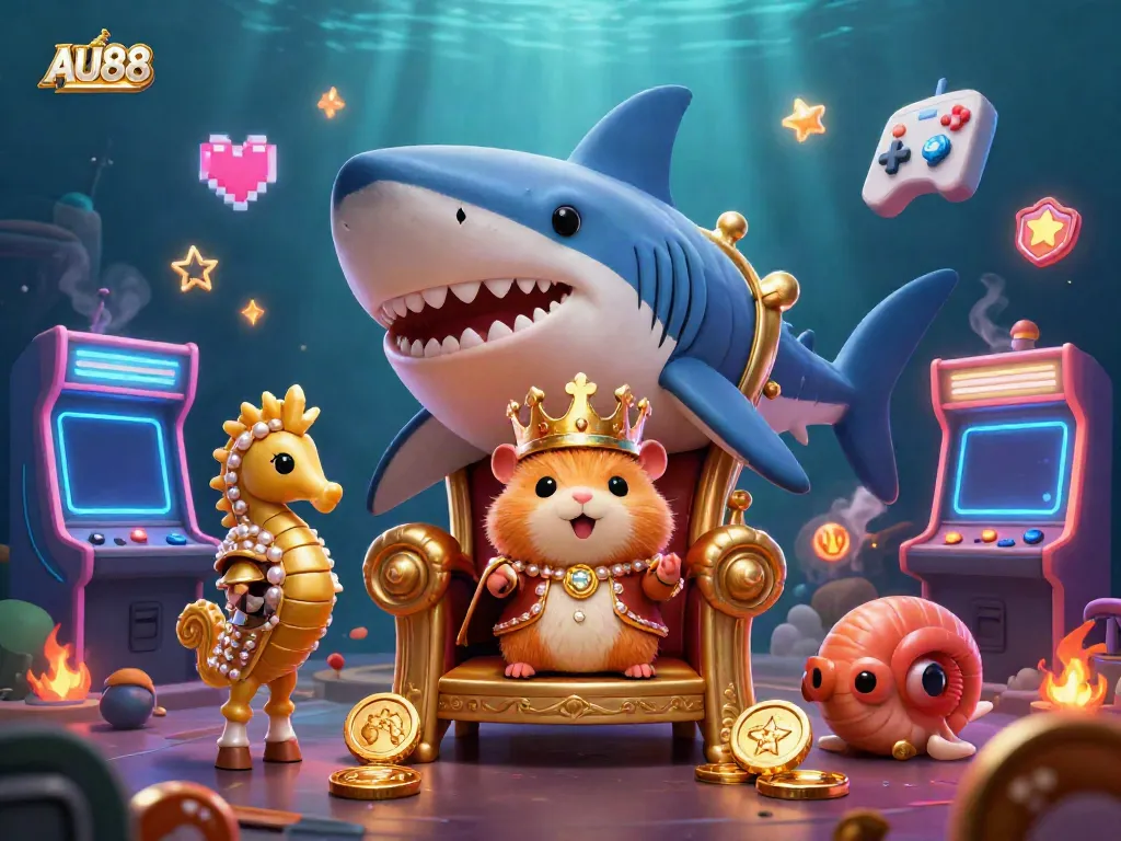 Engage with the vibrant gambling scene of AU88 featuring a hamster king on a megalodon throne amidst colorful casino elements.