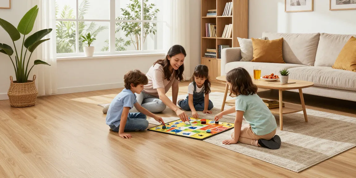 Affordable laminate flooring ideas in a cozy living room with a family enjoying quality time together.