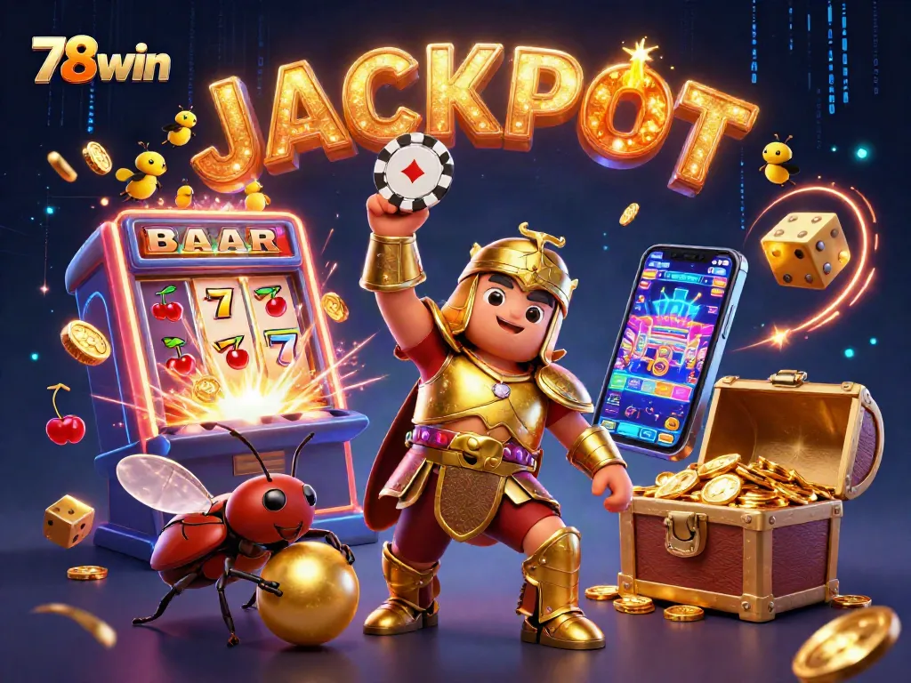 Play with 78win's vibrant casino scene featuring a beetle champion and a jackpot explosion.