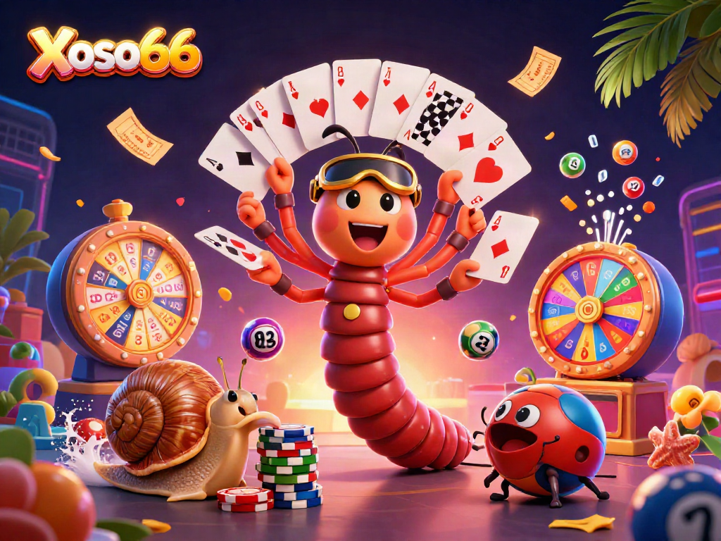 Xoso66 showcases a thrilling scene of a millipede dealer, cards, and lottery balls, enhancing the gambling experience.