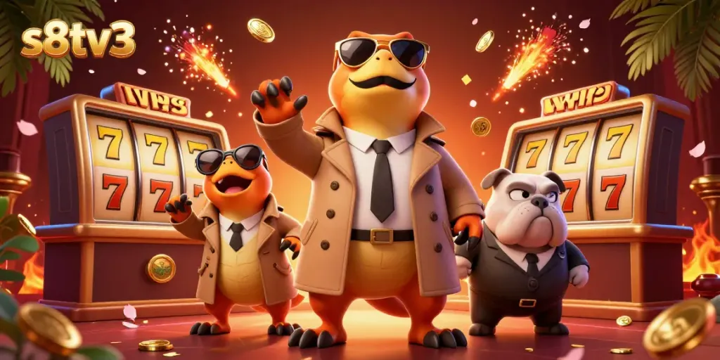 S8TV3 offers immersive slot gaming with vibrant 3D raptors at a casino lounge.