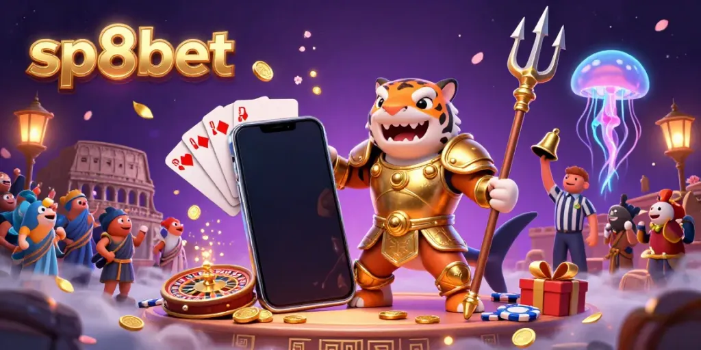 Engage in exciting online gaming at sp8bet with vibrant casino elements in a 3D underwater scene.