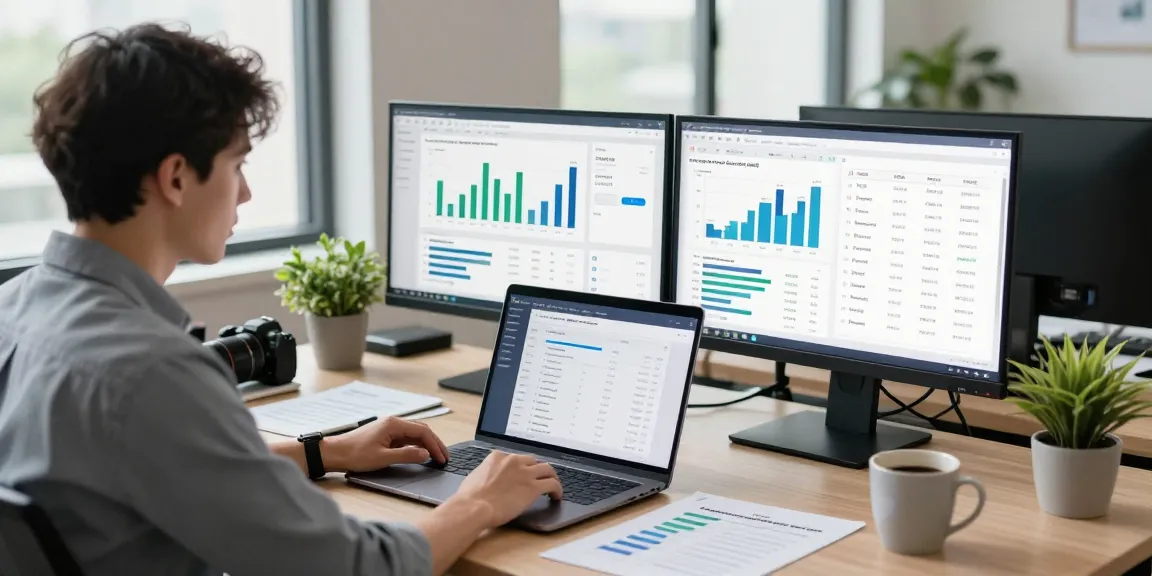 Analyze online payment gateway metrics in a modern e-commerce workspace with dual monitors and strategic planning notes.