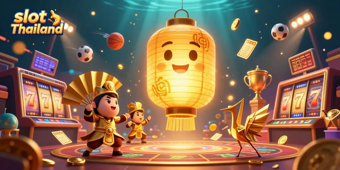 Permainan slot Thailand yang menarik dengan karakter lampion emas dan elemen keberuntungan.