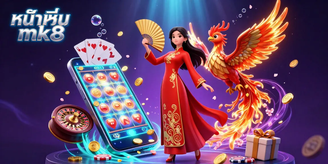 Engage with หน้าแรก mk8's vibrant 3D illustration featuring dynamic casino elements and a beautiful character.