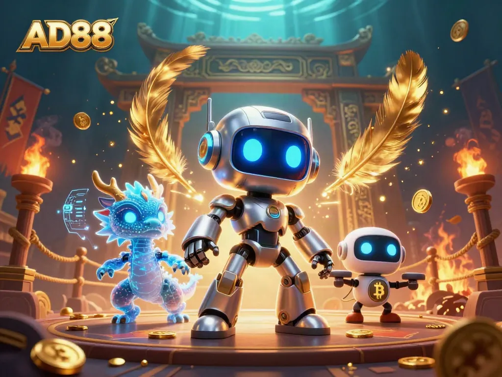 AD88 features a dynamic 3D illustration of a cyberpunk robot mascot and companions in a colorful casino battle arena.