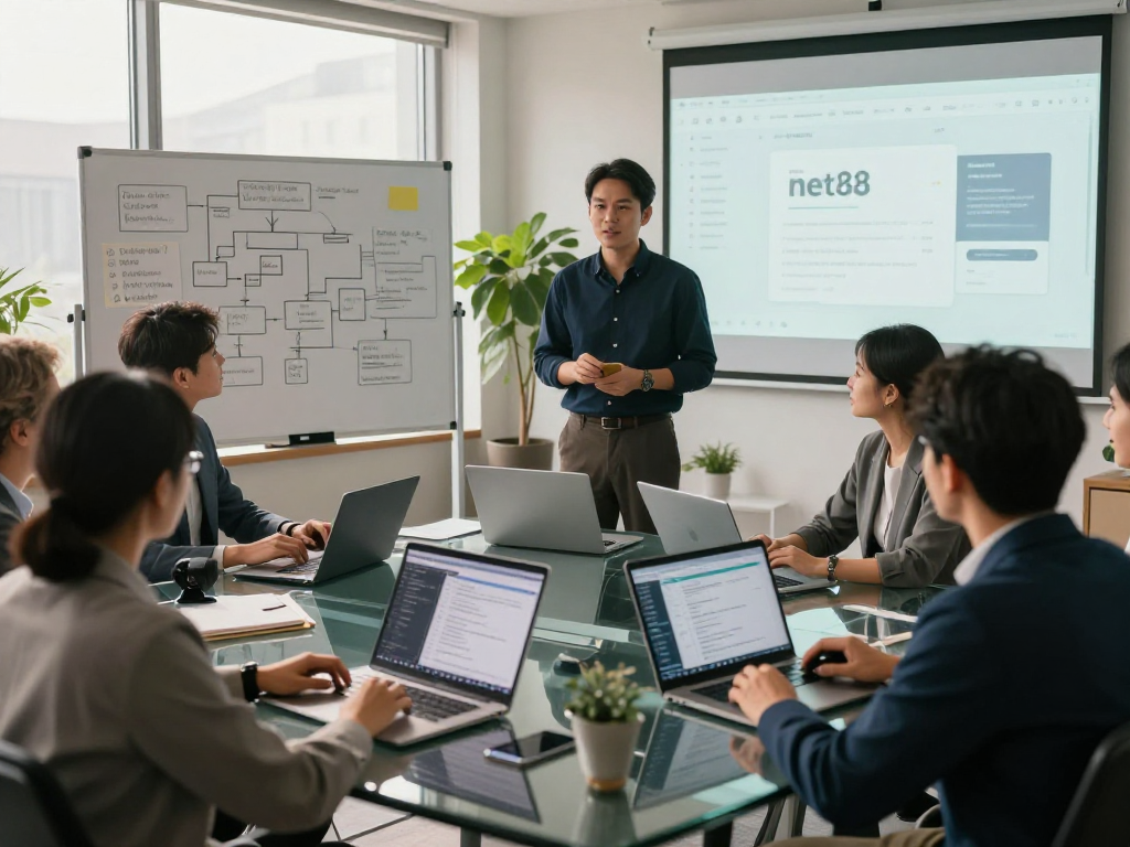 Collaboration in a tech environment featuring net88 application interface on display, team brainstorming