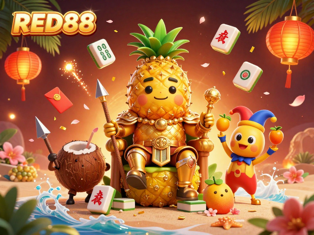 Spin and win with RED88 at this vibrant beach casino illustration, featuring exciting gaming elements.