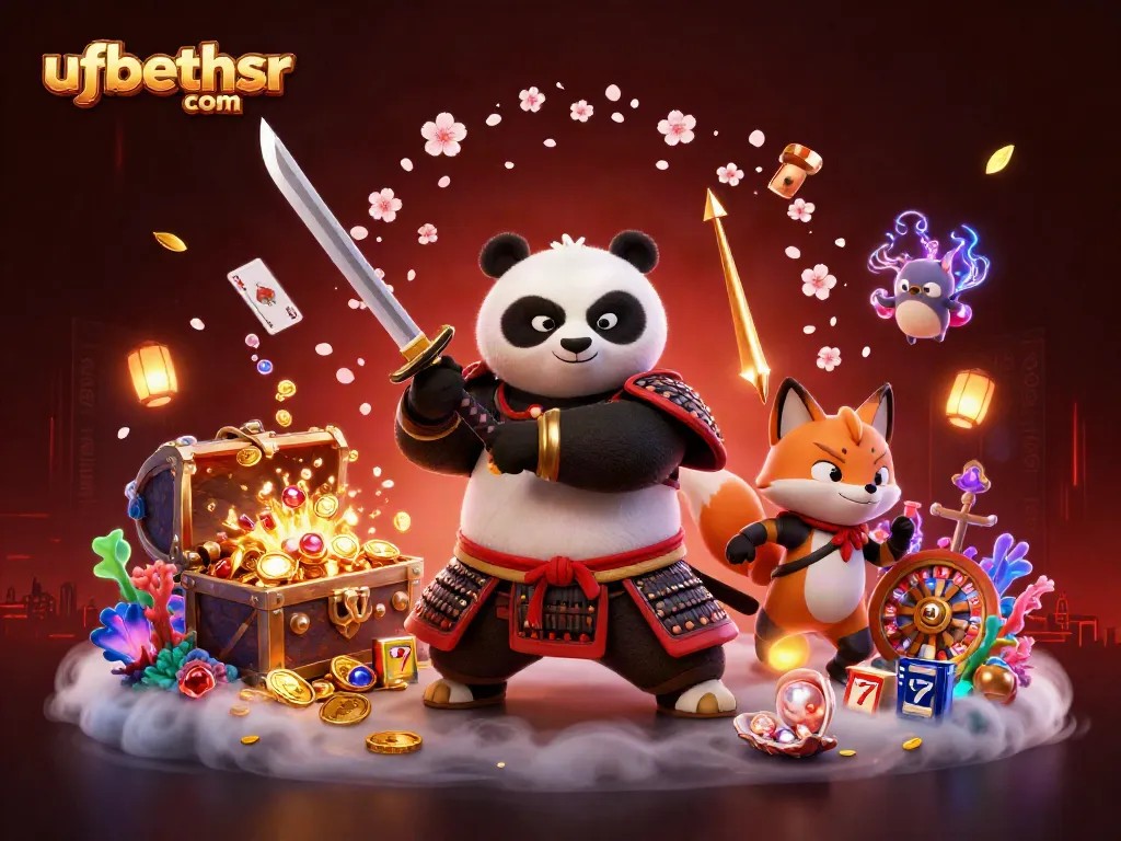 Experience excitement with ufabethsr com as samurai panda, ninja fox, and spirit tanuki engage in vibrant casino-themed adventures.