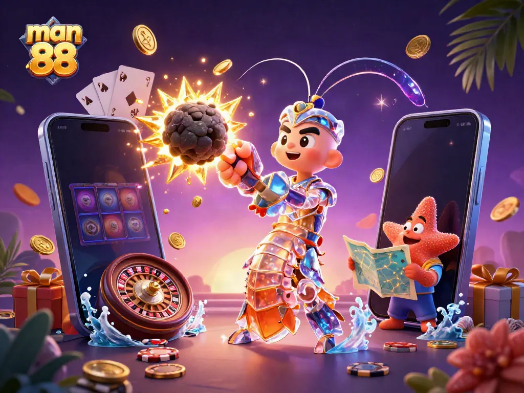 Engage with man 88 through a vibrant 3D scene showcasing slot games and a galactic adventure.