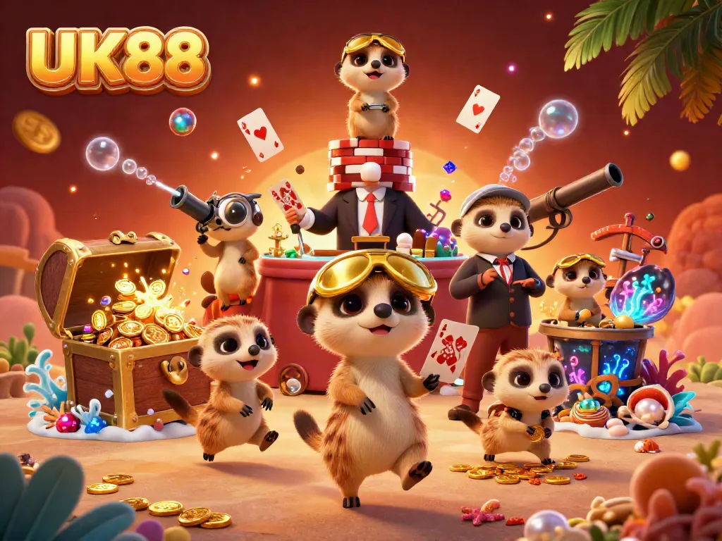UK88 casino meerkats running a lively game operation with dynamic treasure and gaming elements.
