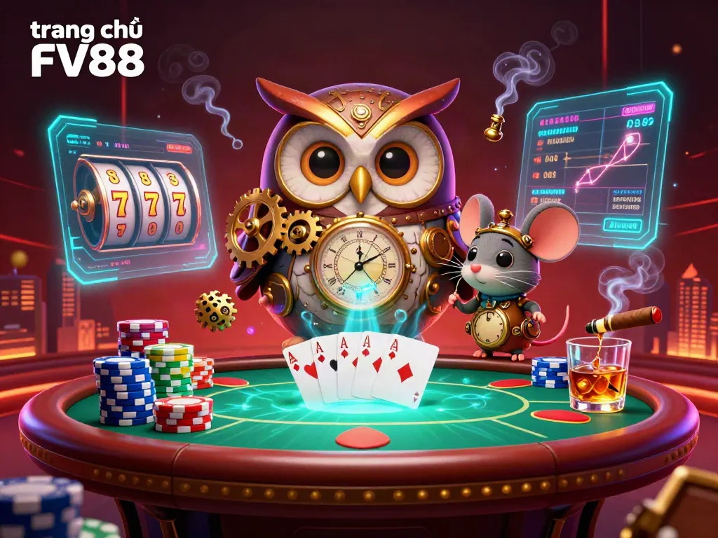 Engage with the vibrant world of trang chủ FV88, featuring a steampunk owl and poker elements for an exciting casino experience.
