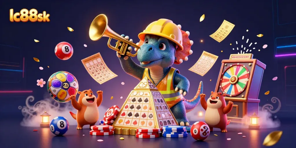 Celebrate wins with lc88sk’s vibrant 3D casino scene, featuring poker chips, lottery balls, and cheering characters.