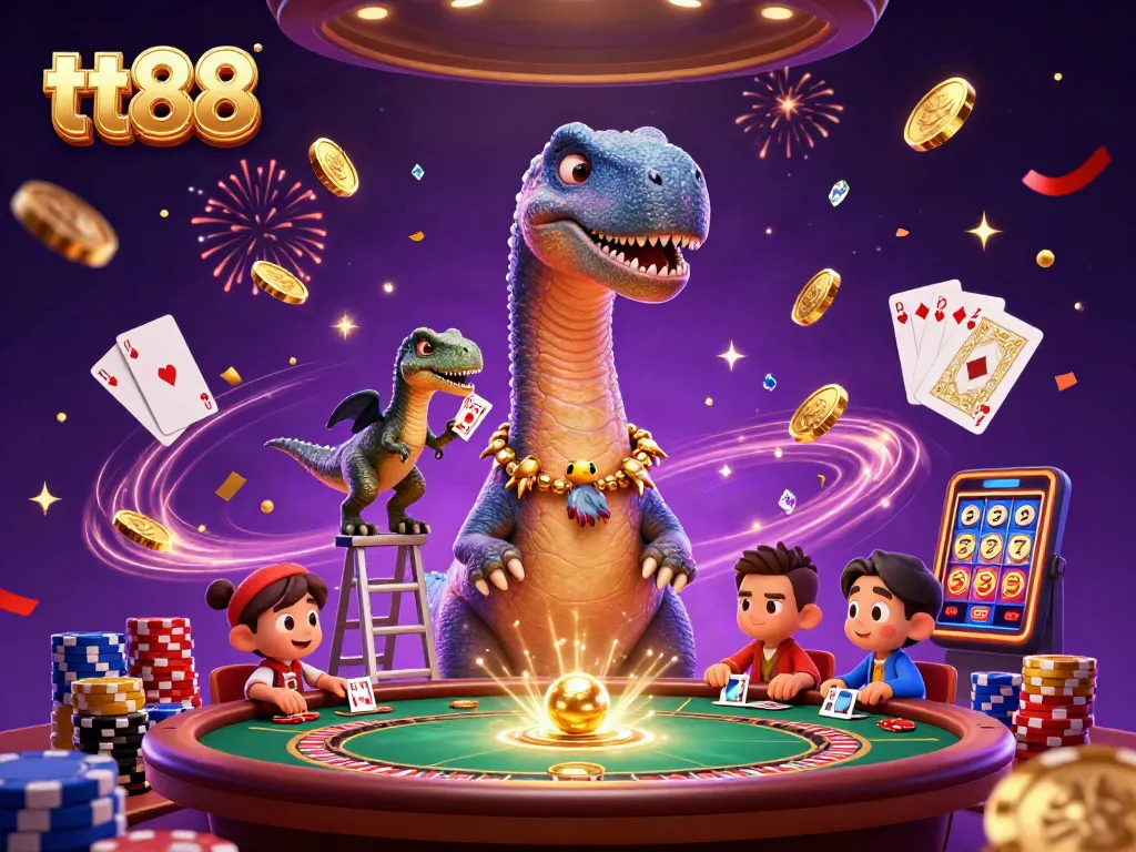 Experience vibrant gaming action at tt88 with a colossal brontosaurus and dynamic card dealing!