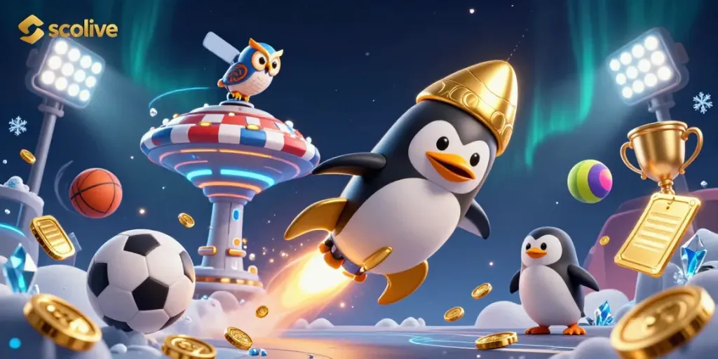 Socolive presents an exciting rocket-powered penguin amidst vibrant sports and casino elements, signifying thrilling online betting opportunities.