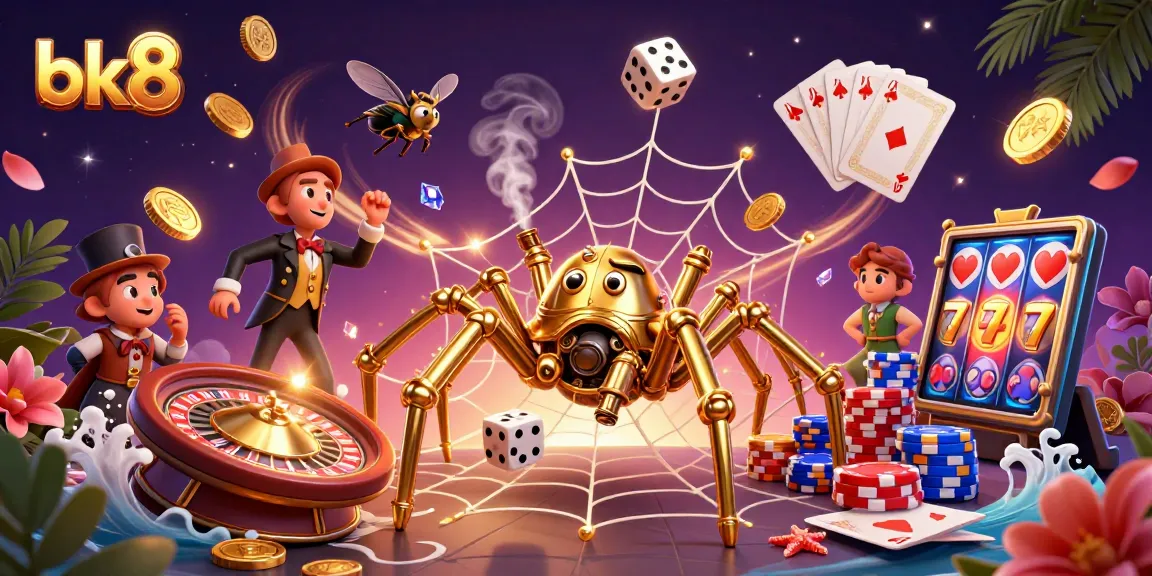 Engage in thrilling casino games with bk8, featuring a steampunk spider and exciting gambling elements.
