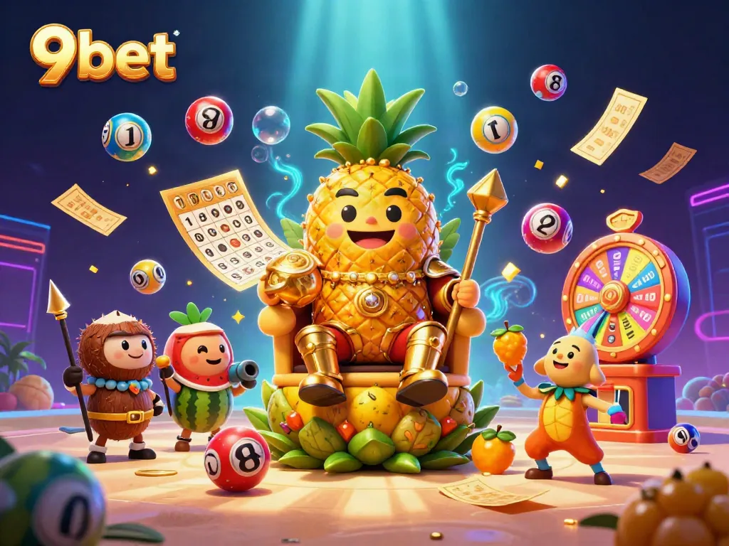 Engaging scene illustrating 9bet with vibrant characters, colorful lottery elements, and a casino ambiance.