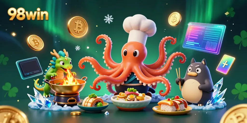 Visualize the excitement of winning with 98win through dynamic characters cooking and gaming.