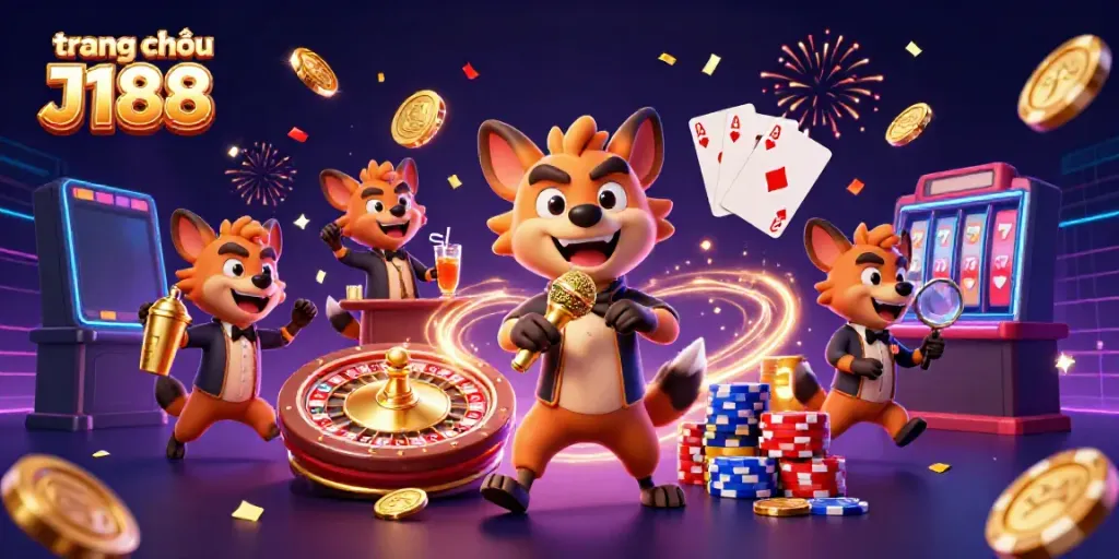 Catch the vibrant energy of trang chủ J188 through lively hyena characters showcasing casino excitement.