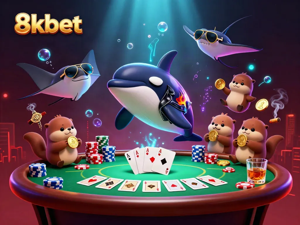 Experience thrilling gameplay with 8kbet featuring a dynamic casino scene with colorful poker elements.