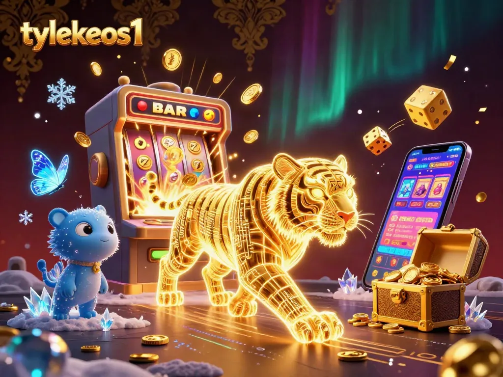 Engage with tylekeos1's exciting casino scene featuring a golden tiger and dynamic gaming elements.