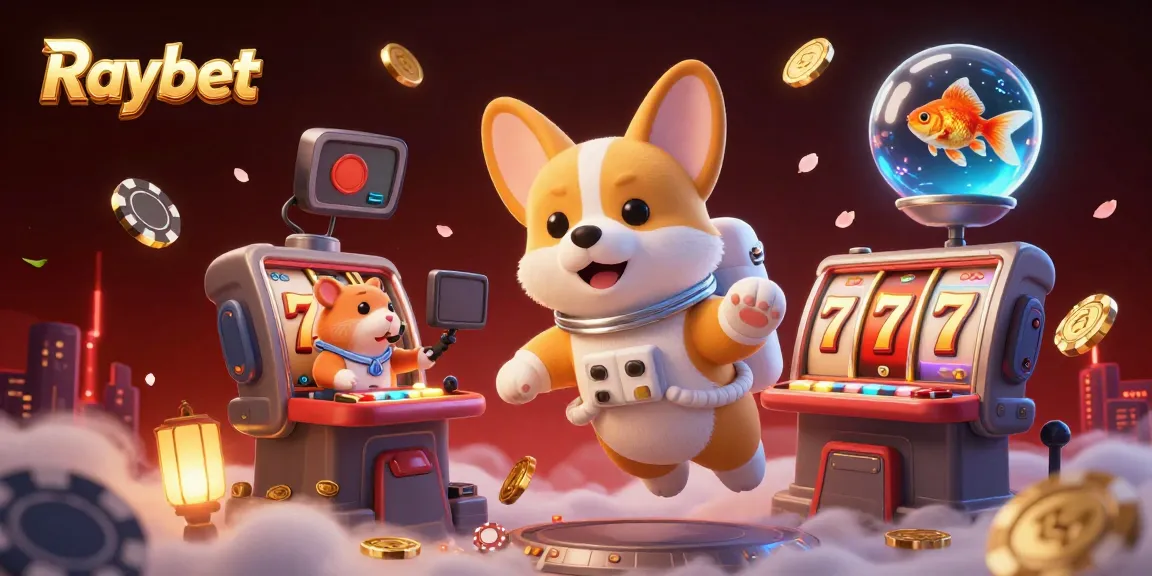 Experience thrilling action at Raybet's casino with floating poker chips and a playful corgi.