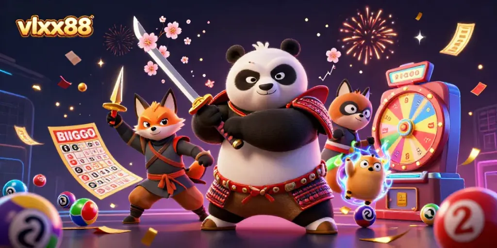 Engage in thrilling gameplay with vlxx88 as a dynamic samurai panda and fox unleash a celebration of gaming icons.