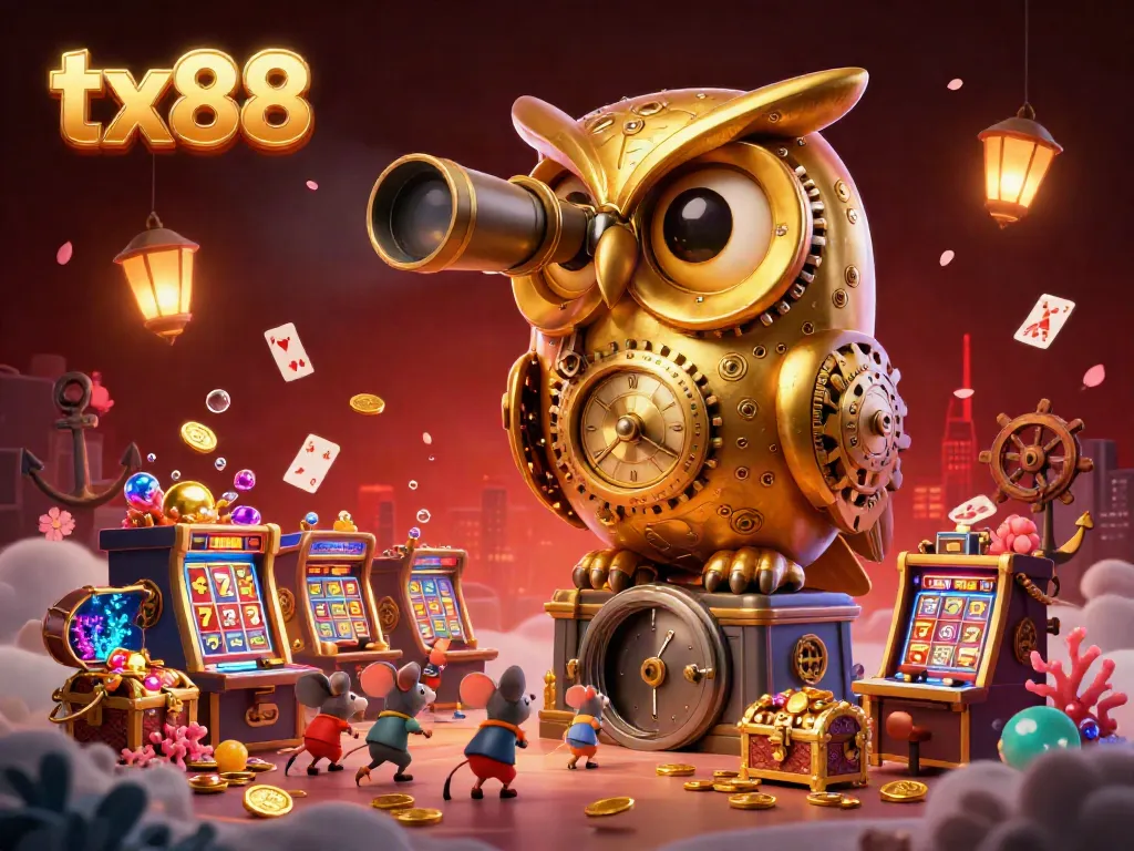 Experience the thrill of tx88 with its lively casino scene, showcasing a golden owl and bustling players among dynamic gaming elements.