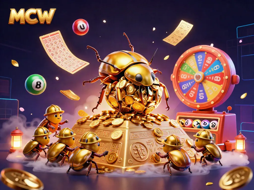 Engage with MCW's dynamic gaming scene featuring golden beetles and lottery elements.