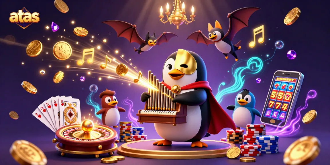 Experience fun at atas casino with a 3D cartoon illustration of a penguin, golden coins, and vibrant game elements.