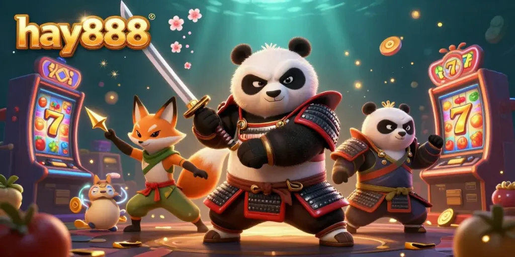Experience the thrill of hay888 with samurai panda, ninja fox, and magical tanuki in a vibrant casino scene.