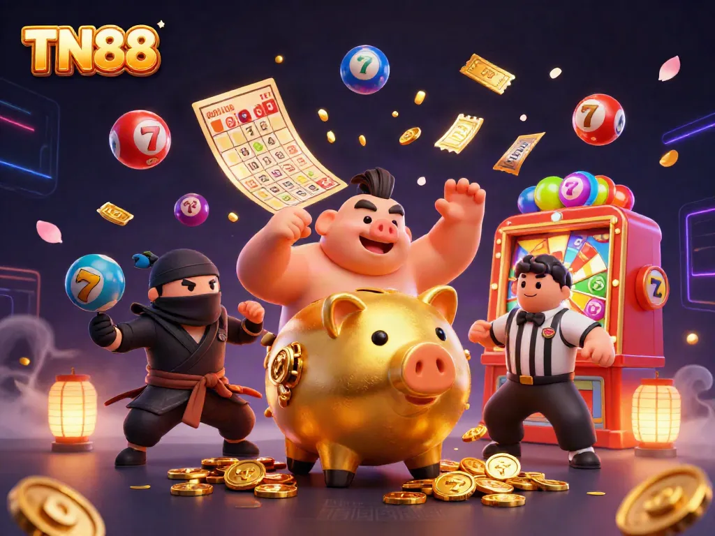 Experience the excitement of TN88 with a dynamic casino scene featuring a sumo wrestler, ninja, and samurai.