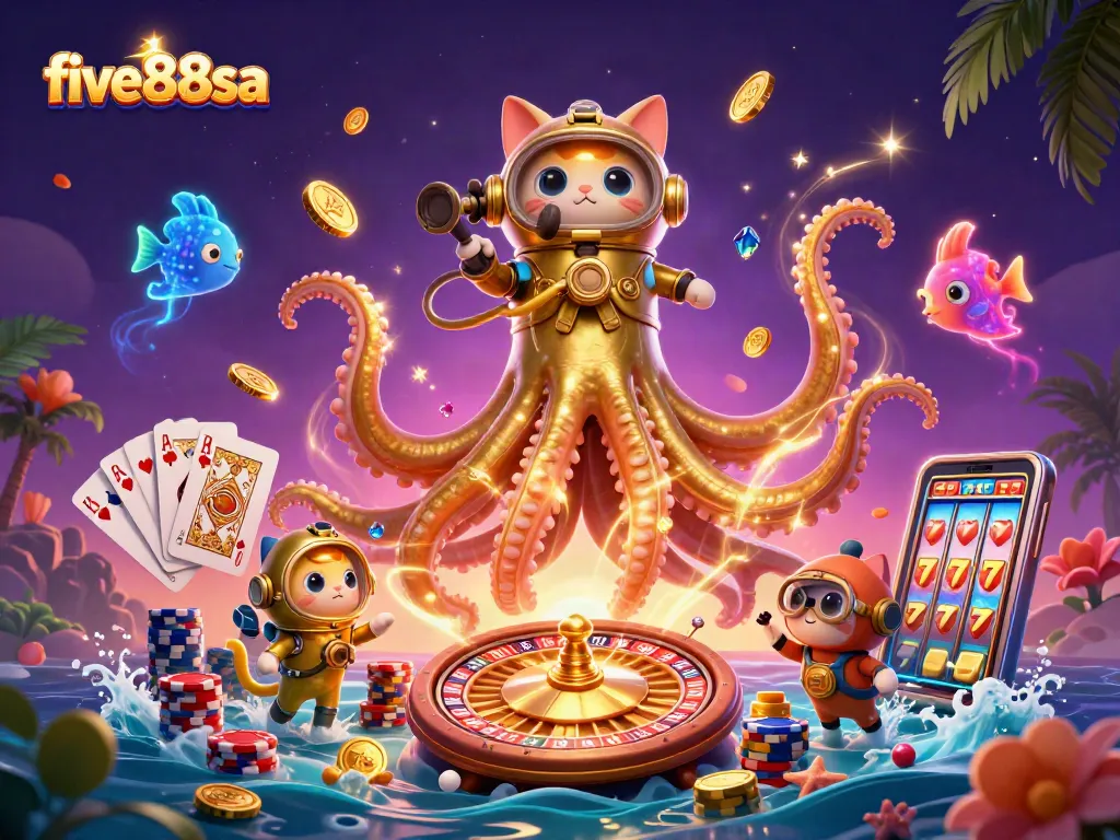 Engage in thrilling gameplay at five88sa, where a kraken and diving cat illustrate online casino excitement.