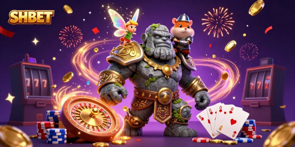 Experience the excitement of SHBET with thrilling casino characters and golden elements.