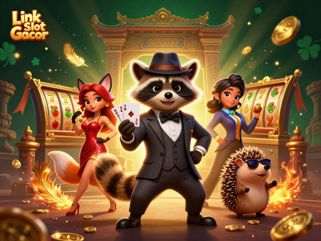Engage with Link Slot Gacor in a vibrant 3D casino scene featuring a raccoon, fox, and hedgehog.