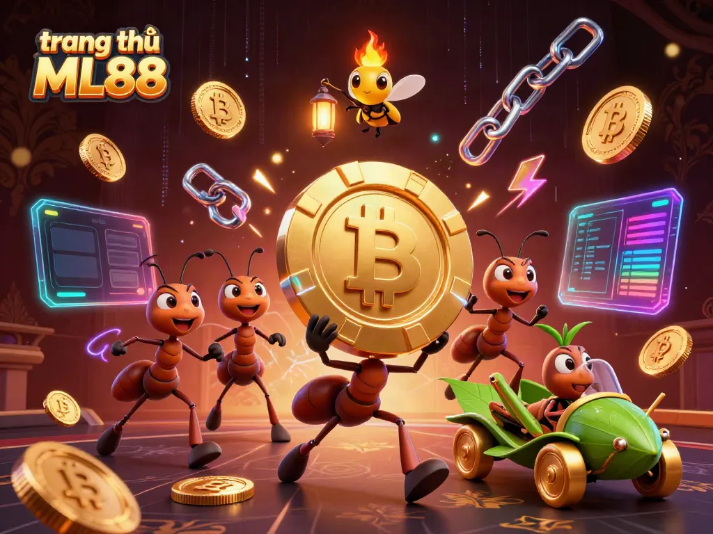 Experience the thrilling world at trang chủ ML88 with vibrant 3D ants in a heist with gaming icons.