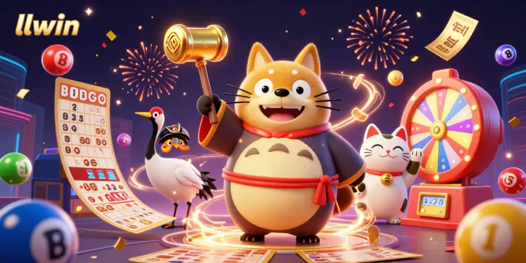 Engage with exciting llwin gaming elements featuring vibrant lottery balls, festive characters, and dynamic casino visuals.