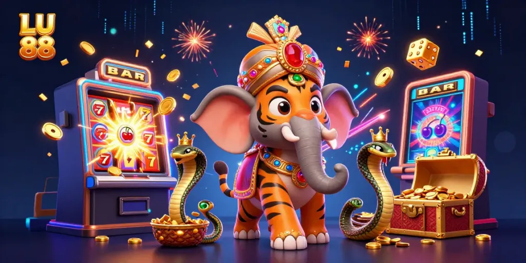 Experience the vibrant excitement of LU 88 with an illustration featuring a maharaja tiger and jewel-encrusted elements.