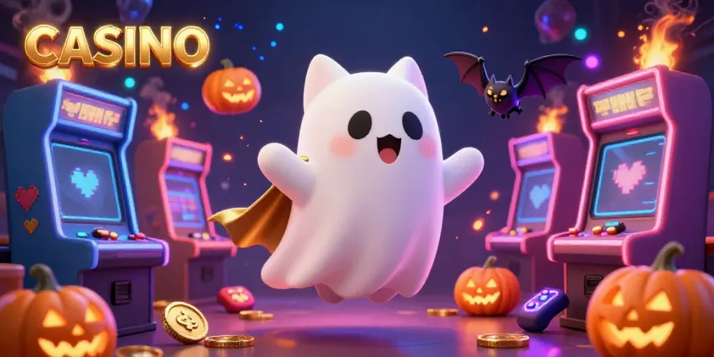 Engage with a vibrant casino atmosphere featuring a friendly ghost cat and vampire bat amid glowing slot machines.