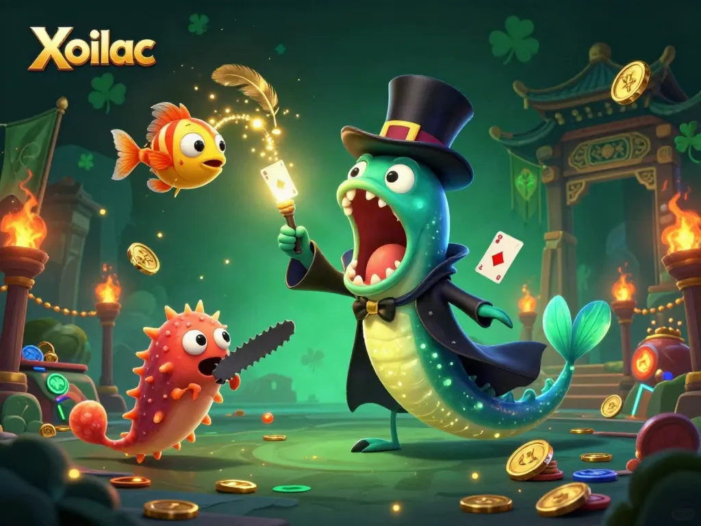 Xoilac magic performance featuring a bioluminescent eel magician, anglerfish spotlight, and dynamic casino elements.